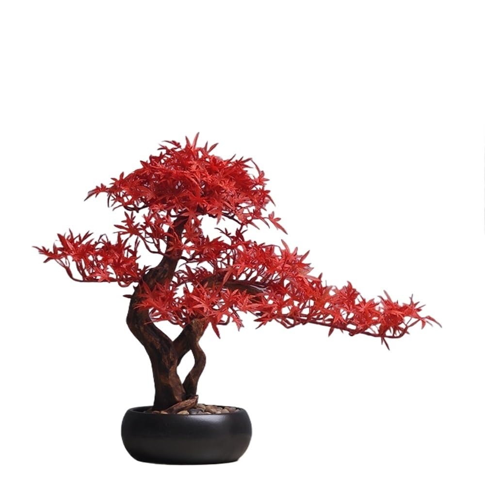 HCZKIUJY Bonsai Simulation Red Maple Leaf with Round Pot Arrangement Home Living Room Potted Plants Desktop Plant