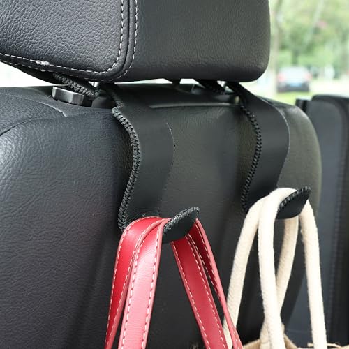 Image of Amooca Car Seat Headrest Hook 4 Pack Metal Core Hanger Universal Car Storage Organizer for Handbag Purse Coat S Type Leather Black