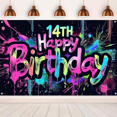 Image of HOMETITUTE Glow in The Dark 14th Birthday Banner 71x43 Inch Colorful Paint Splatter Backdrop for Teen Boys Girls Fourteenth Party Decorations Neon Wall Decor Celebration Photo Booth Props Supplies