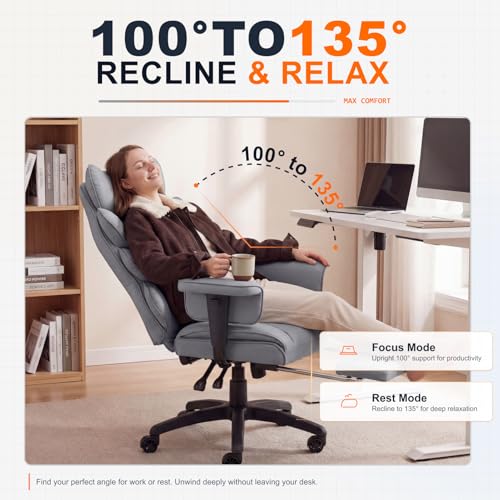 Image of Dowinx Big and Tall Office Chair with Pocket Spring Cushion,High Back Computer Gaming Chairs with Adjustable Armrests,Executive Desk Chairs with Lumbar Support and Footrest,PU-Grey