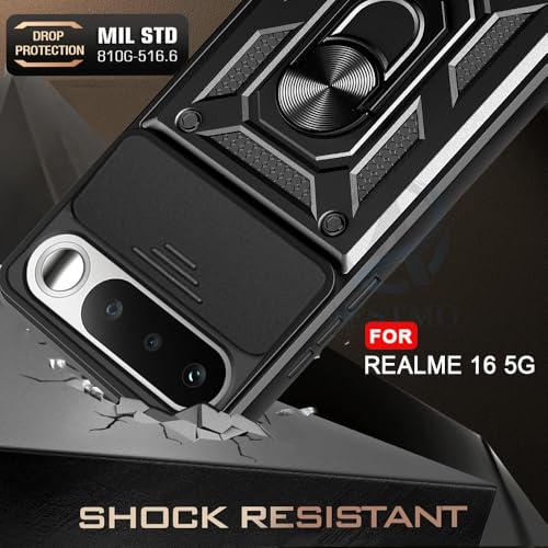 Image of AESTMO Tough Armor Realme 16 5G Bumper Back Case Cover | Ring Holder & Sliding Camera Shield Cover | 360 Degree Protection Back Case Cover for Realme 16 5G (Black)