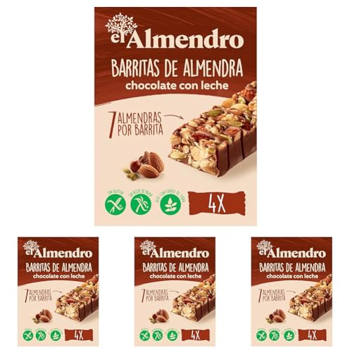 El Almendro, Barritas de Almendra y Chocolate con Leche, Barritas Energeticas, 4 porciones de 25 Gramos, 100 Gramos (Paquete de 4)