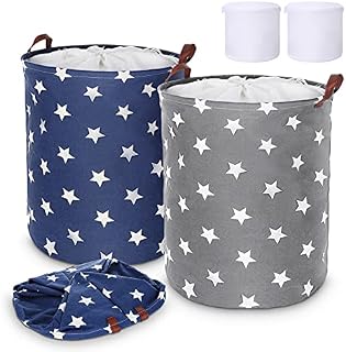 Tiikiy Laundry Basket, 62.8L Large Washing Basket 2Pcs, Collapsible Laundry Hamper with Leather Handle, Cotton Waterproof Coating Laundry Bin with Laundry Bag, 15.7 × 15.7 × 19.7 Inch, Star