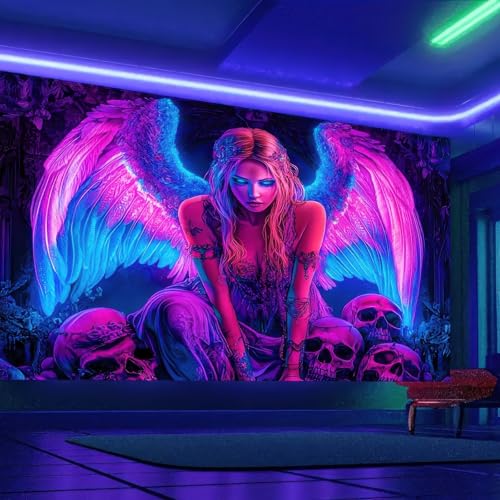 Image of BlissYard Blacklight Gothic Tapestry 78x59 Inch Womens Tapestry | Cool Girl Art Skull Trippy Wall Art, Uv Reactive Glow In the Dark Psychedelic Wall Hanging for Bedroom Dorm Room Decor