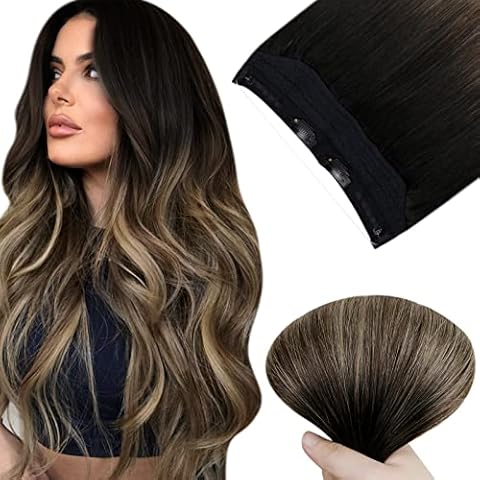 Easyouth Human Hair Wire Extensions Balayage Black to Brown and Blonde Wire Hair Extensions Real Human Hair Fishing Line Extensions 12 Inch 70g Cover