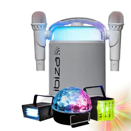 Ibiza Sound - Pack Karaoké Enceinte Bluetooth sans Fil Portable KARAHOME-WH 120W USB SD 2 micros - 3 Jeux Lumières Astro Derby Strobo Fête