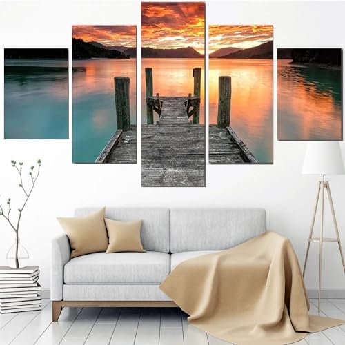 Tableau de décoration murale en 5 parties paysage lac montagne couchant 200x100 cm