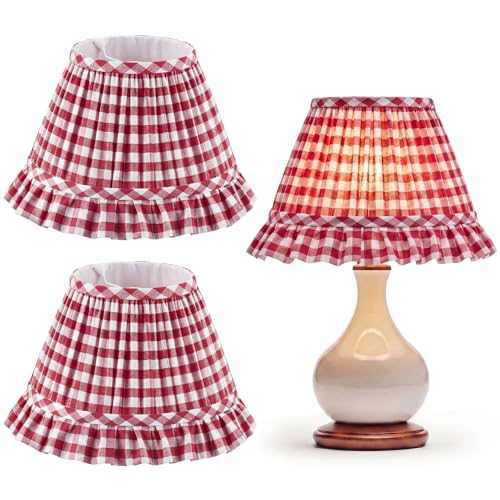 VIHOSE Gingham Plaid Pleated Lamp Shades Set of 2, Red White Ruffle