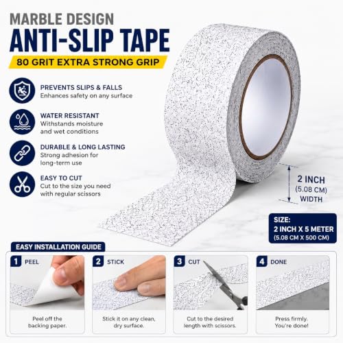 Image of Marble Pattern Anti-Slip Traction Tape - 2 inch x 16' (80 Grit), Waterproof Non-Slip Grip Tape for Indoor & Outdoor Stairs, Ramps, Ladders, Walkways - White Marble Finish, Heavy-Duty Adhesive