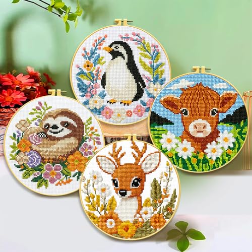 Image of Zhenqing 4-Piece Animal Cross Stitch Kit for Beginners - Complete Set with Pre-Printed 11CT 24x24cm Fabric, Hoop & Tools (Penguin, Sloth, Cow, Deer Designs)(70405)