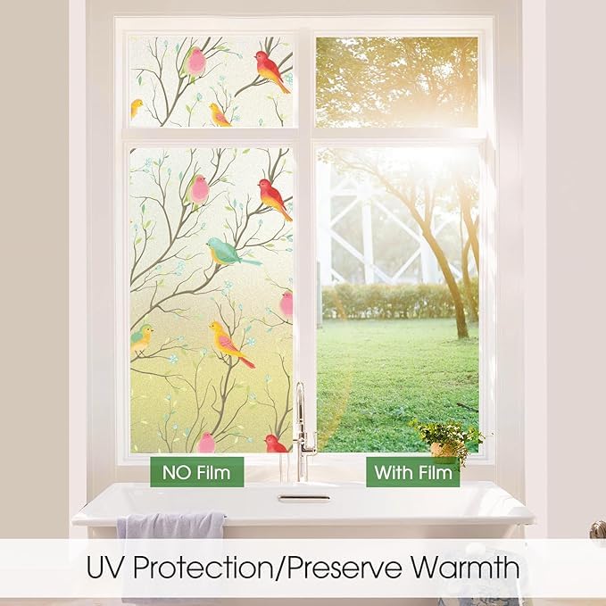Image of SIA VENDORS Privacy Decorative Stained Glass Window Decal Tint Film, Adhesive Static Cling Sun Blocking Stickers, Door Covering for Home (24IN' x 20FT', Bird Film)