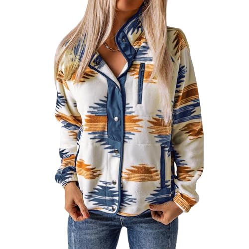 Womens Western Aztec Print Jacket Fleece Button Down Jackets Long Sleeve Snap Coat Fall Fashion Coat with Pockets