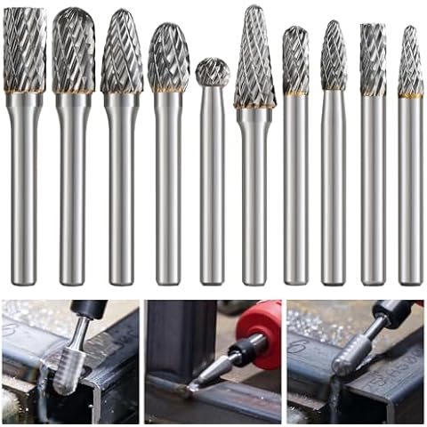 1/4 Shank Carbide Burr Set,10 Pcs Die Grinder Bits Grinding Bits Drill Bits for Metal Rotary Tool Attachments Accessories Rasp Weld Wood Stone Carving Deburring Compatible with Dewalt Milwaukee Cover