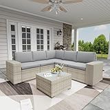 Broivira 6 Piece Patio Furniture Set, 9.8' Wide Arm Sectional Sofa with Storage Armrests, All-Weather Rattan Outdoor Conversation Set for Garden, Porch, Lawn, Backyard, Balcony, Grey