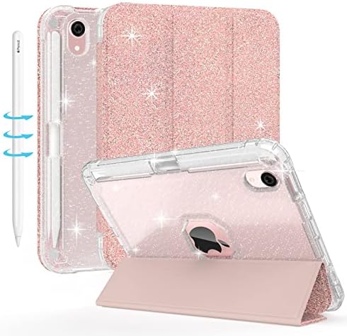 iPad mini 7 A17 Pro 2024/iPad Mini 6 2021 8.3 Inch - Clear Smart Slim-Fit Glitter Sparkly with Apple Pencil Pairing & Charging Holder -Folio Stand Shiny Leather Cover (Rose Gold)