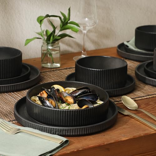 Image of Gibson Elite Deerfield 16-Piece Stoneware Dinnerware Set - Matte Black Reactive Glaze Plates and Bowls, Stackable, Modern Design, Service for 4 - Microwave & Dishwasher Safe