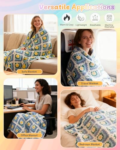 Image of Coopay Crochet Kit for Beginners, Easy 3D Granny Square Blanket Kit, Blue | Crochet Kit W /Video Tutorial & Digital Instructions, All Accessories Included, Easy Knitting to Create Granny Square Blanket