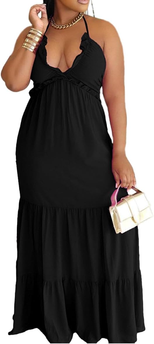 TOPSRANI Womens Sleeveless Maxi Dress Halter Casual Backless Smocked Tiered Ruffle Flowy Sexy Slip Sling Strap Dresses V-Neck Solid Black S - Image 3
