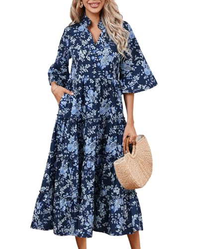 Women's Floral Ruffle Midi Dress V Neck Bell Sleeve Flowy Tiered Long Dress
