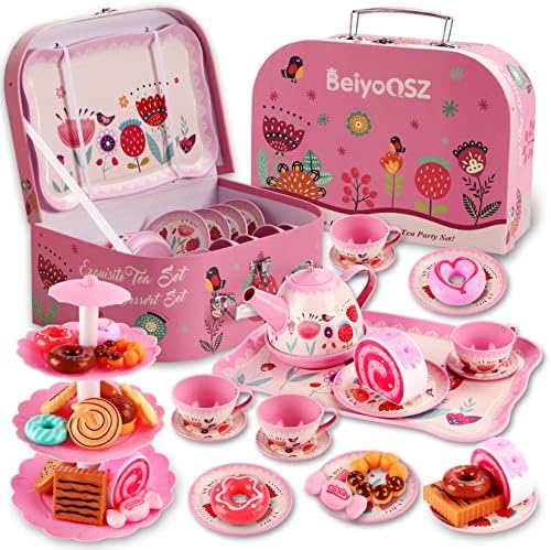 Tea Party Set for Little Girls, 32PCS Princess Tea Time Toy with Food Sweet Treats Playset Carrying Case, Kids Kitchen Pretend Play Toddler Dress Up Tea Set for Girls