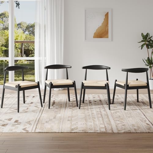 Farini Mid Century Modern Dining Chairs Set of 4 Solid Wood Frame Kitchen Chairs with Woven Upholstered Seat for Dining Room & Breakfast Nook Black-Beige