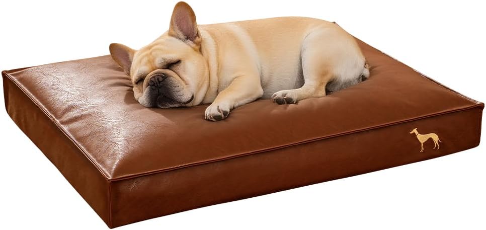 Cama ortopédica para perros de tamaño mediano para perros pequeños con funda de piel sintética extraíble lavable impermeable, marrón, 27.5 x 19.6 x
