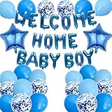 Welcome Home Baby Boy Decorations - 44 Pcs Baby Shower Balloons Blue Letter Banner Sequined Star Balloons for Boy Newborn Birthday Homecoming Theme Party Supplies