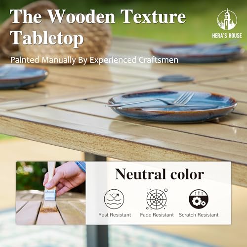 Image of HERA'S HOUSE Outdoor Dining Table for 6, Brown Metal Table w /Umbrella Hole