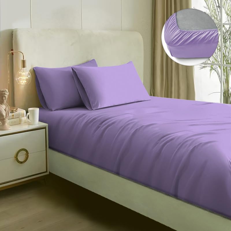 Image of NAKSH Elastic Fitted Bedsheets King Size 78 x 72 Inch, 210 TC Plain Pure Cotton, Lavender | 1 King Size Bedsheet with Elastic Fitted and 2 Pillow Covers