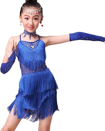 Charque Girls Sequin Tassel Dress Latin Dance Skirt Clothes Sparkling Fringe Figure Skating Dresses Kids Ballroom Dancewear
