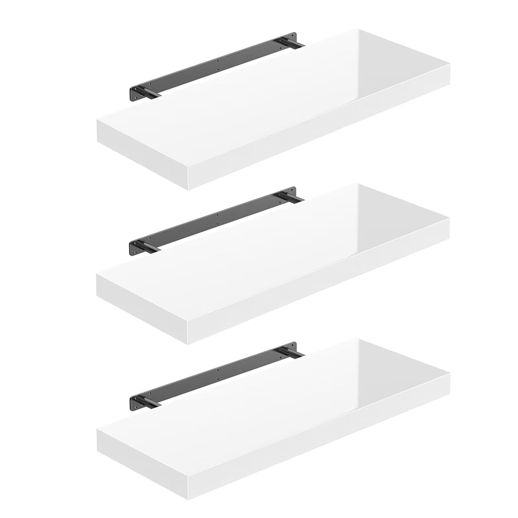 Shelfinity Set of 3 White Floating Shelves for Wall | 40cm High Gloss Modern Wall Shelves | For Bedroom Living Room Bathroom Kitchen Office | Floating Shelf Unit Ideal for Display & Storage