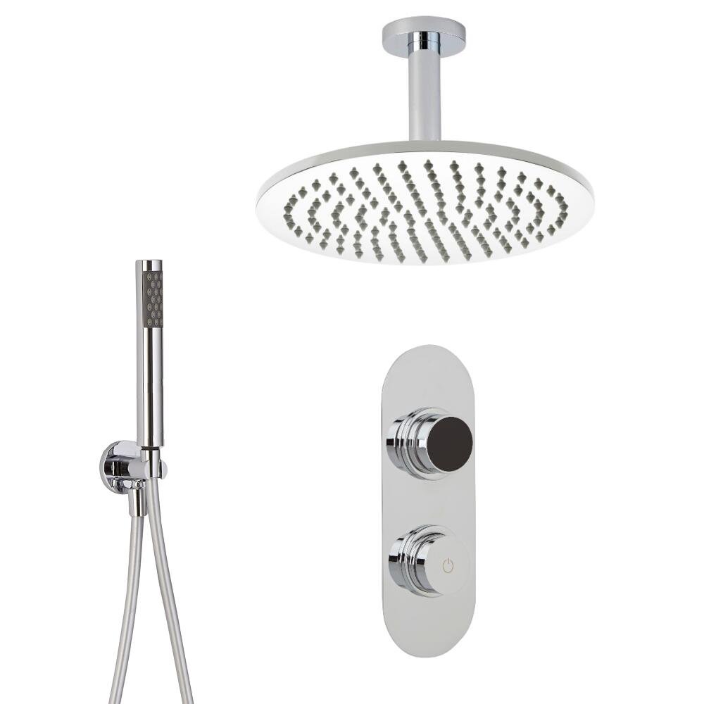 Milano Chrome Vis Digital Thermostatic Mixer Valve 300Mm Round Shower Head Handset Kit