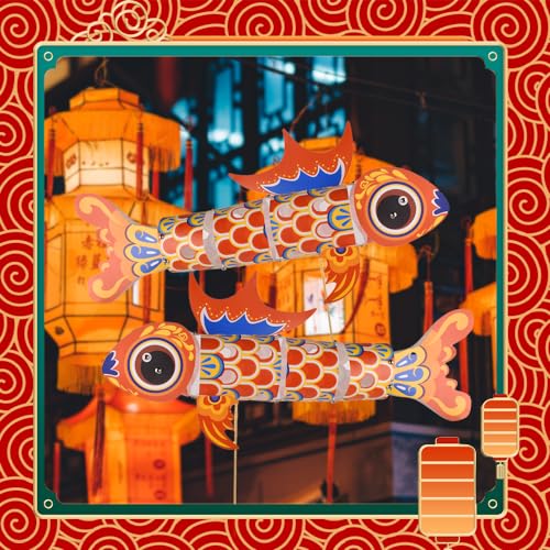 Image of Spring Festival Lantern Chinese New Year Lanterns Year of the Dragon Creative KOI Fish Lanterns Handmade DIY Lanterns Material Lantern(Red)