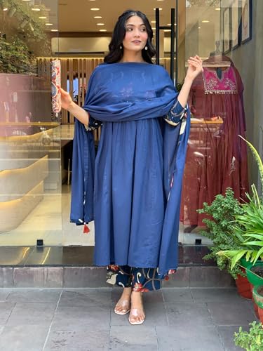Image of GoSriKi Women's Rayon Viscose Anarkali Printed Kurta with Pant & Dupatta