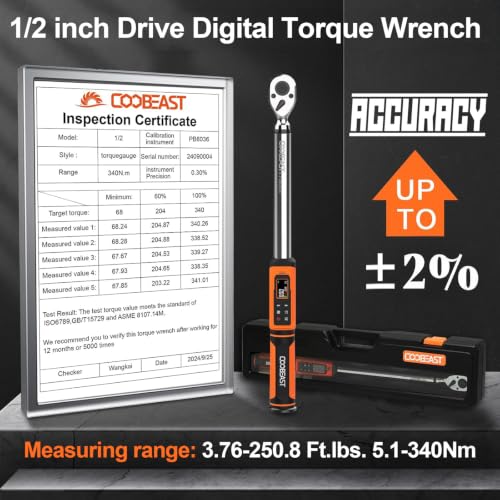 Image of coobeast 1 /2 Drive Digital Torque Wrench(3.76-250.8 Ft.lbs. /5.1-340Nm) | Preset Value Torque Wrench with ±2% accuracy, Buzzer and LED Flash Five Units of Measure for Motorcycle, Auto Repair