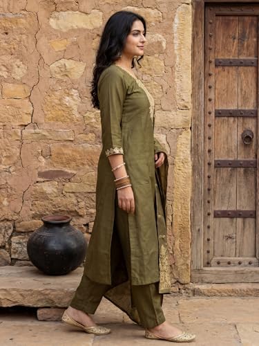 Image of INDO ERA Women's Viscose Self Design Straight Kurta with Pant & Dupatta Set