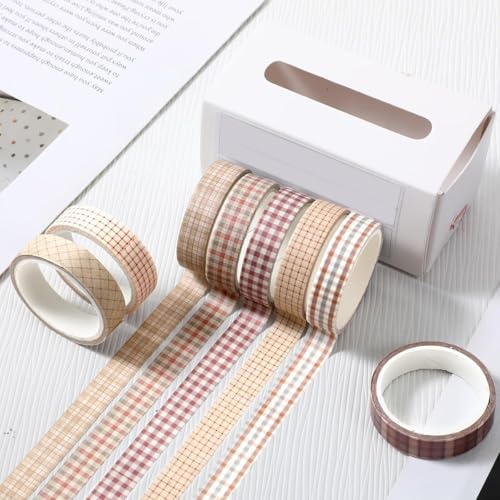 Image of HASTHIP 8 Pcs Plaid Washi Tape Set, Vintage Gingham Decorative Masking Tape for Journaling, Scrapbooks, Planners, Gift Wrapping & DIY Craft Projects, 1cm x 3 Meters Per Roll