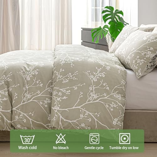 Image of Lekesky Queen Size Duvet Cover Set, Reversible Duvet Cover Queen with Branch Pattern, Lightweight Soft Microfiber Comforter Cover, 3 Pieces Khaki Bedding Set with Zipper and 2 Pillowcases