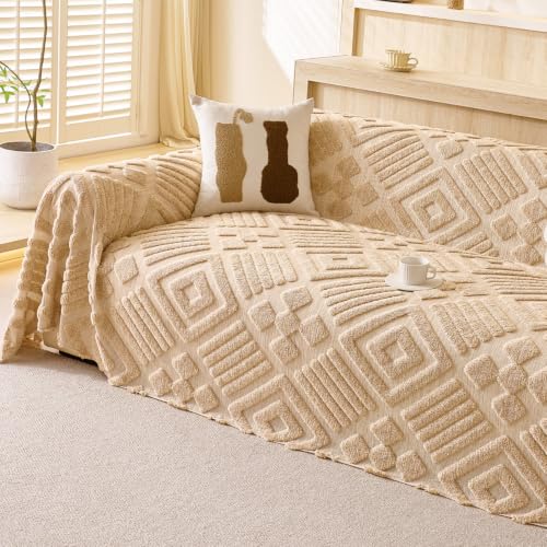 Image of HOKIPO Urban Loom 240 GSM Sherpa Sofa Cover 2 Seater Throw, Camel Diamond
