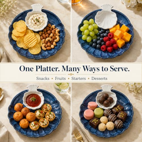 Image of The Earth Store Blue Sea Shell Ceramic Platter - Microwave & Dishwasher Safe Serving Platter Ceramic | Platter Plates for Serving Snacks, Appetizers & Desserts for Home, Cafes & Restaurants
