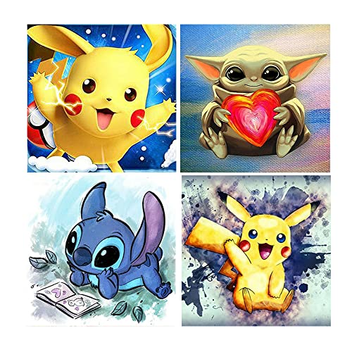 DCIDBEI Lot de 4 Peinture Diamant 30x30 cm DIY 5D Diamant Peinture Images Animaux Diamond Painting Pokemon Broderie et Lilo et Stitch Tableau Diamant Enfant Kit Mosaïque Adultes Décoration Cadeau