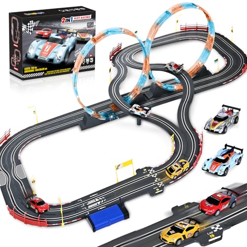 Slot Car Race Track Sets with 4 Slot Cars, 2 in 1 Electric Race Cars Track,Car Tracks,Dual Racing Game Lap Counter Circular Overpass Track, Gift Toy for Boys Kids Ages 6 7 8-12