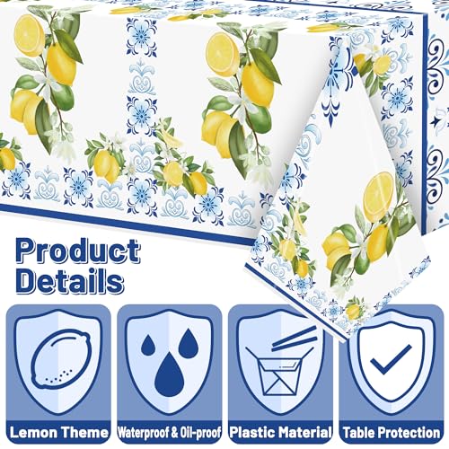 Image of 3-Pack Capri Lemon Table Cover Party Decoration Mediterranean Lemon Pattern Disposable Waterproof Decor Summer Spring Fruit Kid Birthday Dining Picnic Wedding