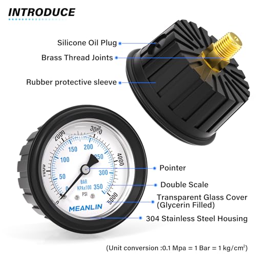 Image of MEANLIN MEASURE 0~5000Psi Stainless Steel Liquid Filled Pressure Gauge 1 /4 inch NPT 2.5 inch FACE DIAL with Rubber Protective Sleeve, Center Back Mount