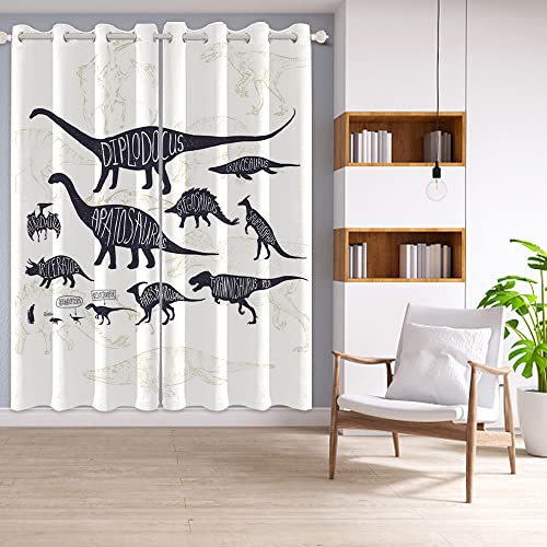 DORCEV Dinosaurs Curtains Kids Boys Bedroom Cartoon Blackout Window Curtains Wild Animals Ancient Jurassic Animals Dinosaur White Black Pattern Printed Living Room Window Drapes,42x108 inch,2 Panels