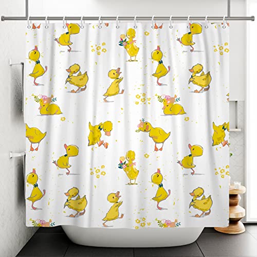 Ttincceer Pato Amarillo Cortina de Ducha con Gancho, Dibujos Animados Lindo Animal Pato Mascota Cortina de baño Divertido Animal Flor Amarilla Cortina de baño Impermeable bañera Cortina 180x180cm
