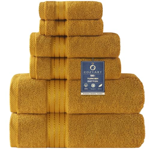 COZYART Gold Bath Towel Set 6pcs Turkish Cotton Bathroom Towel Sets Soft Absorbent and Durable 650 GSM Luxury 6 Pcs with 2 Bath Towels 2 Hand Towels 2 Washcloth