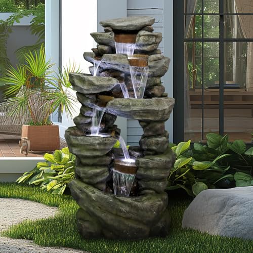 Image of SunJet 60 inch High 7-Tiers Cascading Rock Outdoor Water Fountain with LED Lights - Large Outdoor Fountains and Waterfalls for Garden or Patio, Yard, and Deck Decor, Featuring Natural Stone Look