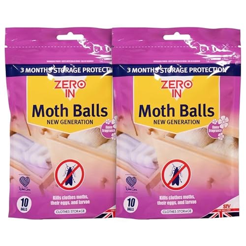 ZINNIAUK Zero In Moth Balls Pack of 2 20 Balls New Generation Linen Fragrance Kills Clothes Moths Eggs and Larvae 3 Month Storage Protection for Wardrobes Drawers Clothing Storage Wool Care