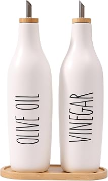 HOMCDALY Olive Oil and Vinegar Dispenser Set, 16oz Ceramic Oil Dispenser for Kitchen, Kitchen Dispenser Bottle for EVOO Vinegar Syrups, Modern Farmhouse Design | Set of 2 P-White